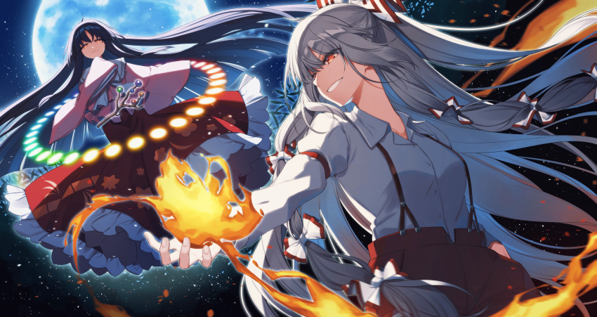 2girls absurdres bamboo bangs black_hair blouse bow breasts citron_82 closed_mouth collar danmaku eyebrows_visible_through_hair fire flying fujiwara_no_mokou grey_hair hair_between_eyes hair_bow hand_in_pocket hand_up highres holding houraisan_kaguya light long_hair long_sleeves looking_at_another looking_to_the_side medium_breasts moon multicolored_bow multiple_girls night night_sky no_hat no_headwear pants pink_blouse pink_sleeves rainbow red_bow red_eyes red_pants red_skirt shadow shirt skirt sky smile standing star_(sky) starry_sky teeth touhou touhou_lost_word very_long_hair white_bow white_neckwear white_shirt white_sleeves wide_sleeves yellow_eyes