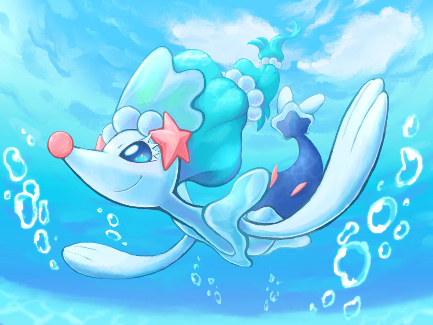 air_bubble blue_eyes bubble closed_mouth clouds commentary_request day from_below full_body gen_7_pokemon highres kico_(iskico) no_humans outstretched_arms pokemon pokemon_(creature) primarina sky smile solo underwater white_eyelashes