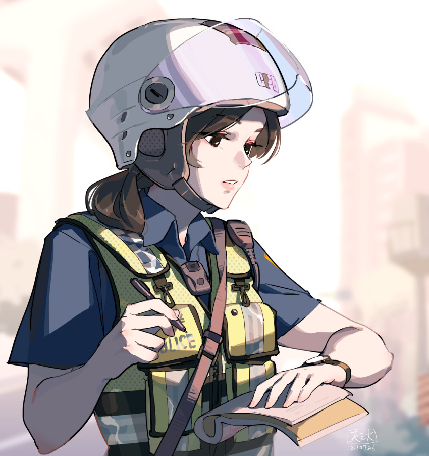 1girl blurry blurry_background body_cam brown_eyes brown_hair dated depth_of_field eyelashes helmet highres lips lipstick load_bearing_vest long_hair makeup notepad original pen police police_uniform policewoman signature sketch sling solo taiwan tennohi uniform upper_body watch watch