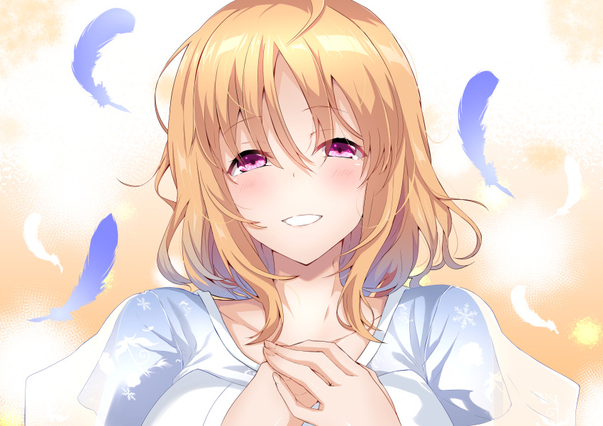 1girl absurdres ahoge bangs birthday blue_feathers blush breasts collarbone commentary_request eyebrows_visible_through_hair hair_down hands_on_own_chest highres looking_at_viewer love_live! love_live!_sunshine!! medium_breasts medium_hair orange_hair osirukonobleman red_eyes shiny shiny_hair sidelocks smile solo takami_chika upper_body white_feathers