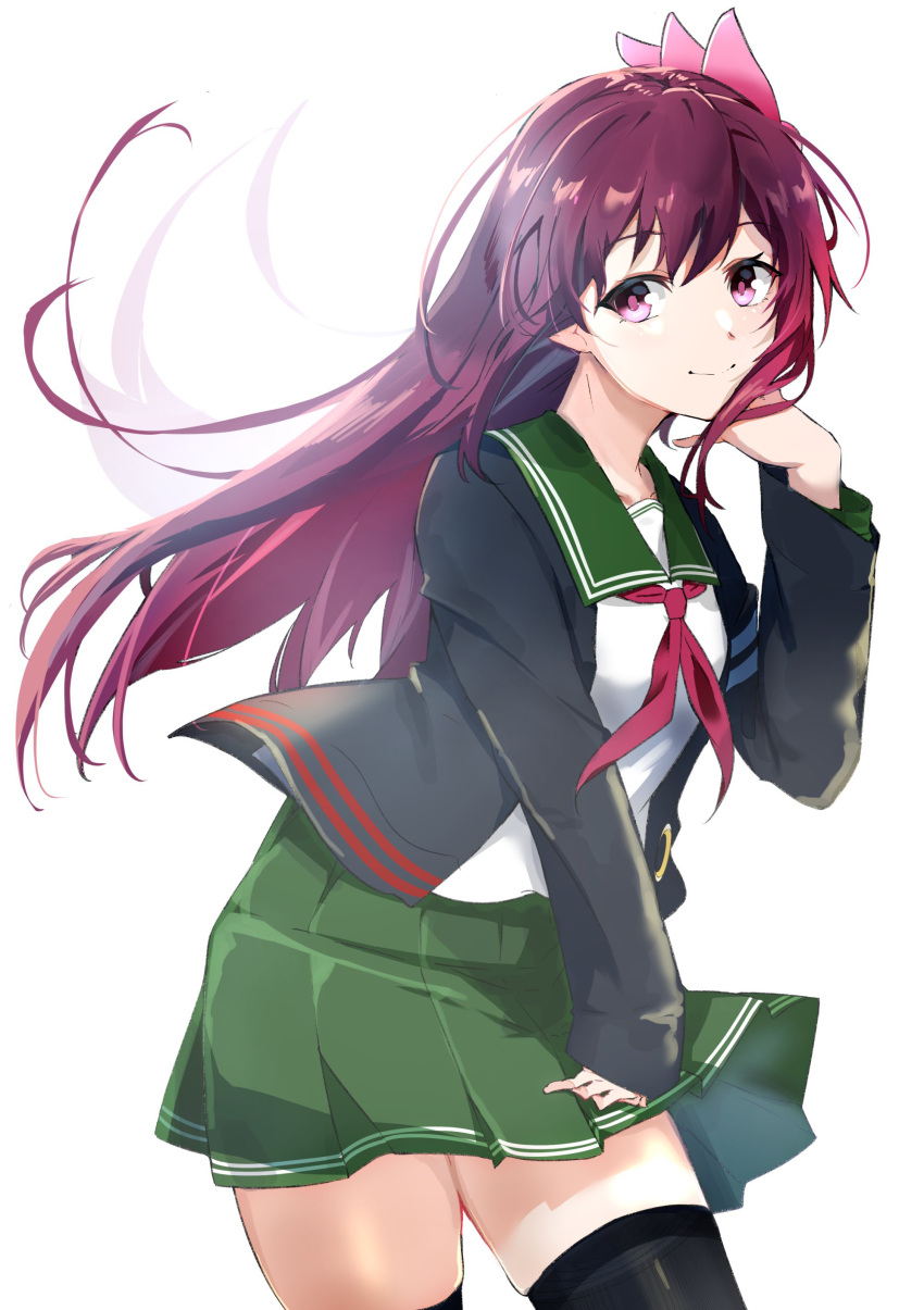 1girl absurdres black_legwear blue_jacket brown_hair crescent crescent_pin green_sailor_collar green_skirt highres jacket kantai_collection kisaragi_(kancolle) leaning_forward long_hair looking_at_viewer neckerchief red_neckwear remodel_(kantai_collection) sailor_collar school_uniform serafuku simple_background skirt smile solo sui_(sui27shika) thigh-highs violet_eyes white_background