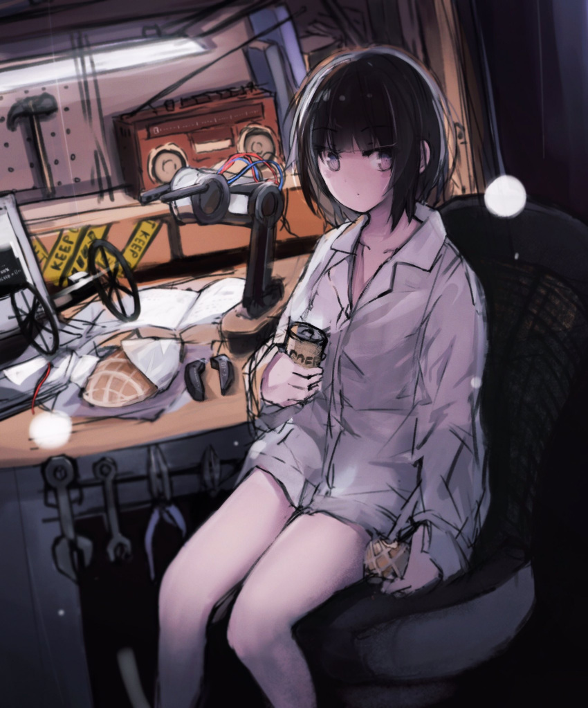 1girl azarasi_haru bangs bare_legs beer_can black_hair bread can caution_tape food grey_eyes hammer highres holding holding_food keep_out lamp looking_at_viewer melon_bread original pliers radio shirt short_hair sitting solo table white_shirt workshop wrench