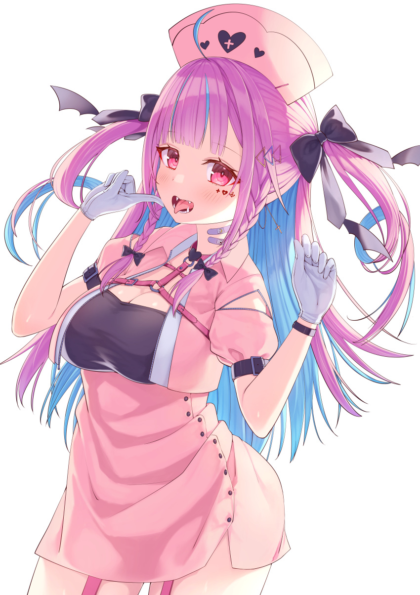 1girl absurdres ahoge bandaid bandaid_on_neck bangs blue_hair blunt_bangs blush breasts buttons colored_inner_hair contrapposto cowboy_shot cropped_shirt facial_mark fangs garter_straps gloves hair_ornament hair_ribbon hairclip high-waist_skirt highres hololive kage_(ka_9e_4su) large_breasts long_hair looking_at_viewer maid_headdress minato_aqua miniskirt multicolored_hair nurse pink_garter_straps pink_shirt puffy_short_sleeves puffy_sleeves purple_hair ribbon sharp_tongue shirt short_sleeves side_slit simple_background skirt solo streaked_hair tongue tongue_out triangle_hair_ornament two_side_up underbust violet_eyes virtual_youtuber w_arms white_background white_gloves