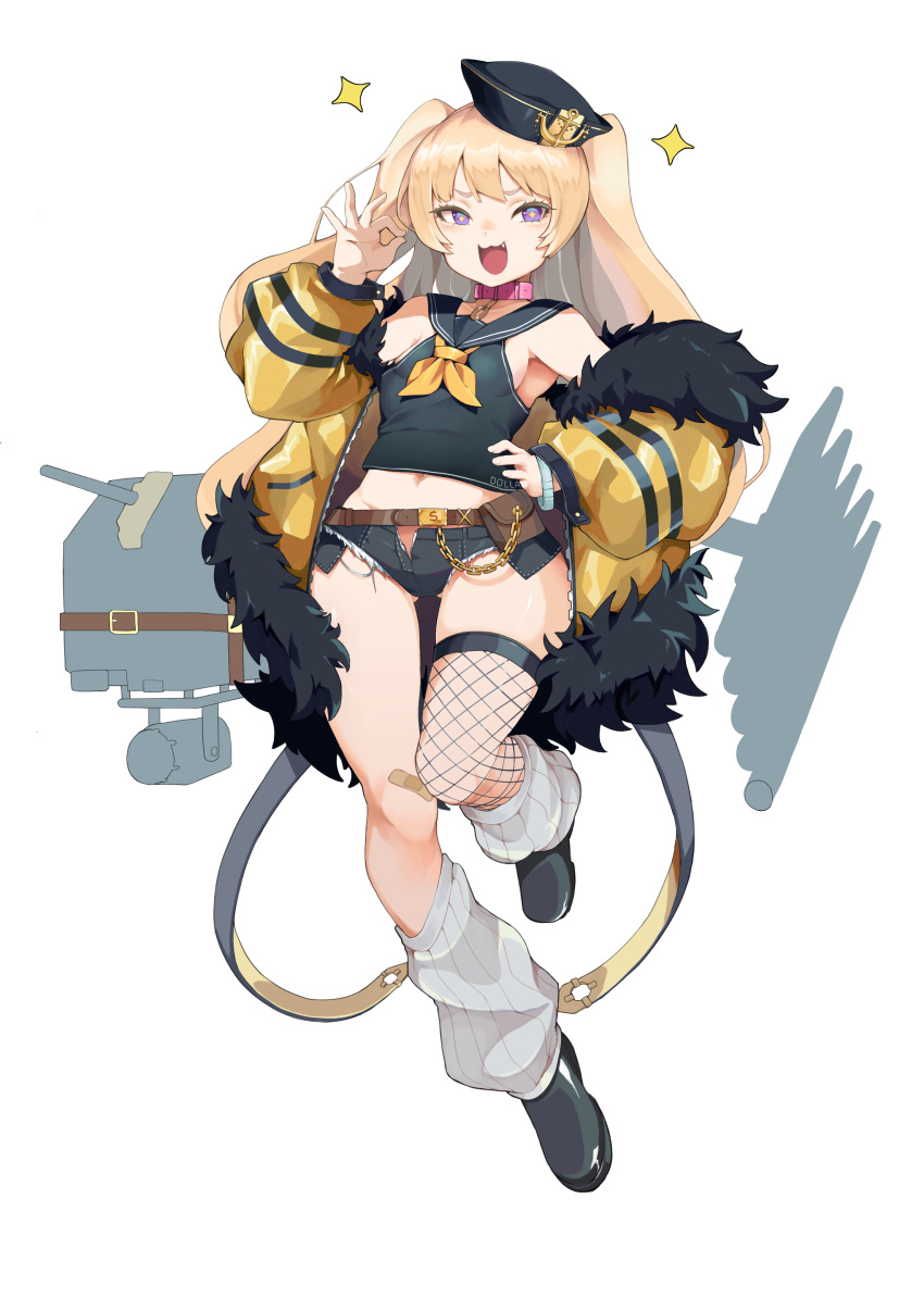 1girl :3 absurdres azur_lane bache_(azur_lane) bandaid bandaid_on_knee belt black_sailor_collar blonde_hair bobby36446329 collar cutoffs fang fishnet_legwear fishnets full_body fur-trimmed_jacket fur_trim hat highres jacket looking_at_viewer loose_socks micro_shorts midriff navel ok_sign open_clothes open_shorts pink_collar ribbed_legwear sailor_collar shorts simple_background single_thighhigh solo sparkle thigh-highs twintails violet_eyes white_background wide_hips yellow_jacket
