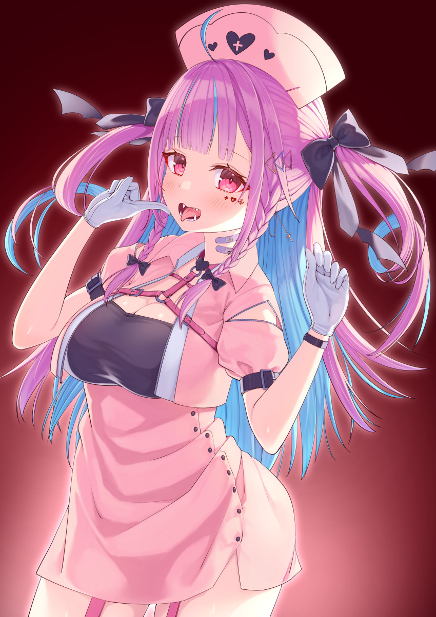 1girl absurdres ahoge bandaid bandaid_on_neck bangs blue_hair blunt_bangs blush breasts buttons colored_inner_hair contrapposto cowboy_shot cropped_shirt facial_mark fangs garter_straps gloves hair_ornament hair_ribbon hairclip high-waist_skirt highres hololive kage_(ka_9e_4su) large_breasts long_hair looking_at_viewer maid_headdress minato_aqua miniskirt multicolored_hair nurse pink_garter_straps pink_shirt puffy_short_sleeves puffy_sleeves purple_hair red_background ribbon sharp_tongue shirt short_sleeves side_slit skirt solo streaked_hair tongue tongue_out triangle_hair_ornament two_side_up underbust violet_eyes virtual_youtuber w_arms white_gloves