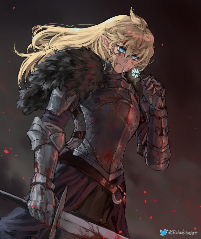 1girl armor black_armor blonde_hair blood blood_on_face bloody_clothes bloody_hair bloody_weapon blue_eyes breastplate commentary_request commission cowboy_shot embers flower gauntlets hair_between_eyes highres holding holding_flower holding_sword holding_weapon knight long_hair original plate_armor pointy_ears robusta_mania smoke solo standing sword twitter_logo twitter_username watermark weapon