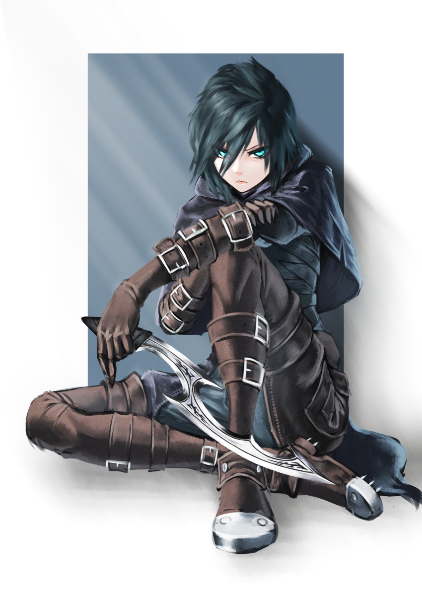 1girl absurdres belt black_hair blue_eyes boots capelet cleats commentary_request dagger fantasy frown gloves highres holding holding_weapon hood hood_down ikasamahideo knife leather leather_boots leather_gloves looking_at_viewer original short_hair sitting solo steel-toe_boots thigh-highs thigh_boots tsurime weapon