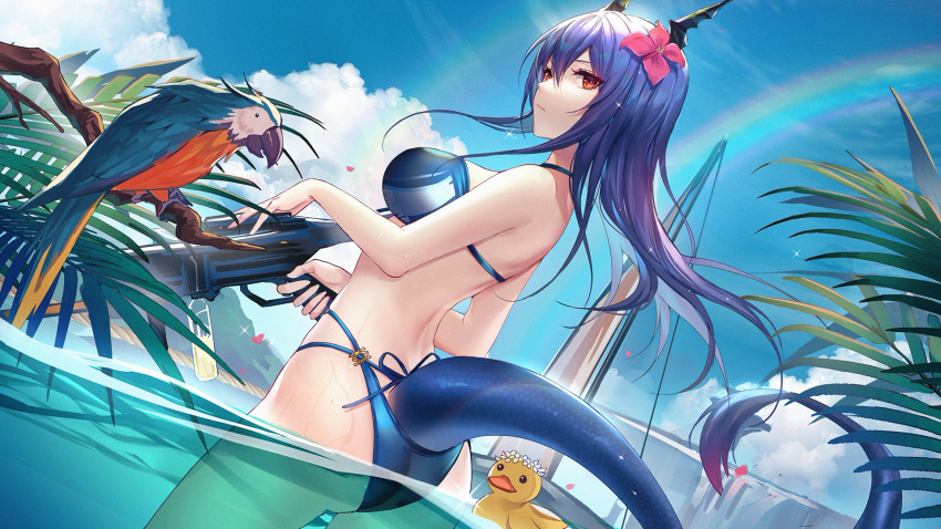 1girl arknights ass bangs bare_arms bikini bird blue_bikini blue_hair blue_sky breasts ch'en_(arknights) ch'en_the_holungday_(arknights) closed_mouth clouds commentary cowboy_shot day dragon_girl dragon_horns dragon_tail floating_hair flower from_behind gun hair_between_eyes hair_flower hair_ornament halter_top halterneck highres holding holding_gun holding_weapon horns kernel_killer large_breasts long_hair looking_at_viewer macaw multi-strapped_bikini palm_leaf parrot pink_flower rainbow red_eyes rubber_duck sky solo standing swimsuit tail wading water weapon
