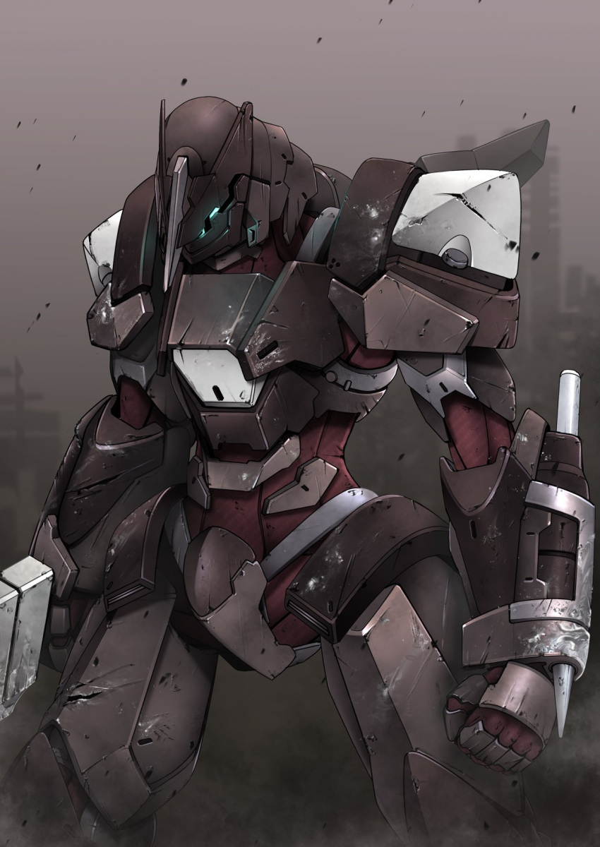 aiyat_@_maotto clenched_hand glowing glowing_eyes highres holding holding_weapon horns looking_down mecha no_humans original pile_bunker science_fiction single_horn solo weapon