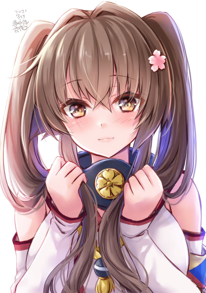 1girl absurdres alternate_hairstyle breasts brown_eyes brown_hair cherry_blossoms detached_sleeves flower hair_flower hair_ornament highres kantai_collection kikumon large_breasts long_hair long_sleeves mashiro_yukiya solo twintails upper_body white_sleeves yamato_(kancolle) z_flag