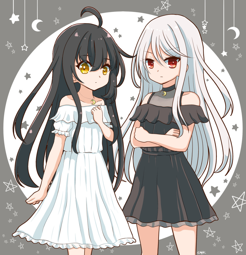 2girls absurdres ahoge alternate_costume black_dress black_hair cowboy_shot crossed_arms dress highres kantai_collection kikuzuki_(kancolle) long_hair mikazuki_(kancolle) multiple_girls off-shoulder_dress off_shoulder pista_land red_eyes white_dress white_hair yellow_eyes