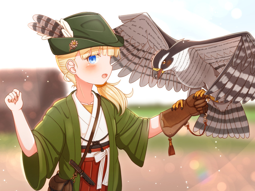 1girl animal_on_arm bangs bird bird_on_arm blonde_hair blue_eyes blunt_bangs brown_gloves falcon falconry gloves green_headwear hair_ornament hakama hat highres japanese_clothes kantai_collection long_hair red_hakama shin'you_(kancolle) side_ponytail single_glove solo suzushiro_(gripen39) upper_body