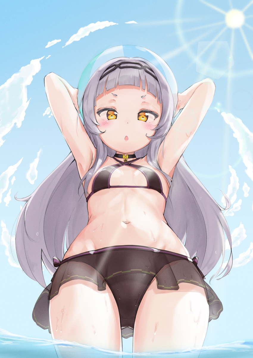 1girl absurdres armpits arms_up ball bangs beachball bikini black_bikini blue_sky blunt_bangs blush breasts choker clouds cloudy_sky commentary_request cowboy_shot from_below hairband halterneck highres holding hololive komasi long_hair looking_at_viewer looking_down murasaki_shion navel open_mouth see-through short_eyebrows sidelocks silver_hair sky small_breasts solo stomach sunlight swimsuit thighs virtual_youtuber wading water_drop wet yellow_eyes