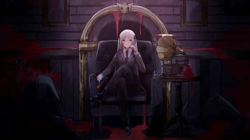 1girl absurdres armchair azarasi_haru bangs black_footwear black_jacket black_ribbon blood blood_on_ground blood_splatter chair commentary corpse crossed_legs dress_shoes formal gloves grey_hair gun hair_ribbon handgun hatsune_miku highres jacket long_hair looking_at_viewer mafia_(vocaloid) necktie painting_(object) phonograph ribbon shirt sitting skull solo suit suit_jacket table two_side_up very_long_hair vocaloid weapon white_gloves white_shirt