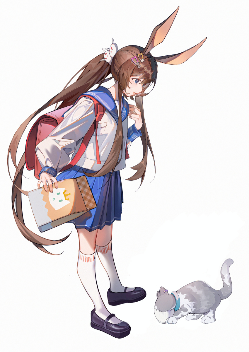 1girl absurdres amiya_(arknights) animal_ears animalization arknights backpack bag bangs blue_eyes brown_hair cat grey_cat hair_ornament hairclip haoshiliu58582 highres kneehighs long_hair mary_janes open_mouth ponytail rabbit_ears rabbit_girl rosmontis_(arknights) school_uniform serafuku shoes very_long_hair