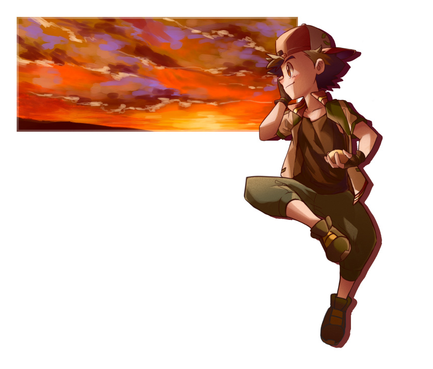 1boy 32890_(artist) ash_ketchum backwards_hat baseball_cap black_gloves black_hair brown_eyes capri_pants closed_mouth clouds collarbone commentary fingerless_gloves gloves hat highres holding invisible_chair jacket leg_up looking_to_the_side male_focus open_clothes open_jacket pants pokemon pokemon_(anime) pokemon_m21 popped_collar shirt shoes short_hair sitting sky smile solo