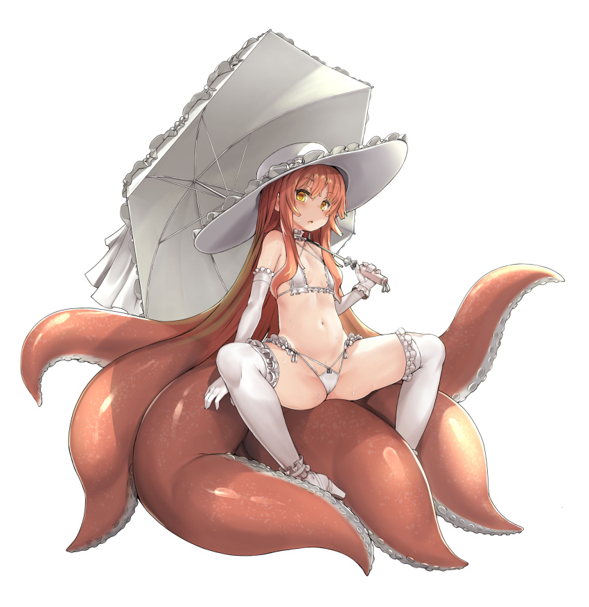 1girl bikini breasts commentary_request elbow_gloves eyebrows_visible_through_hair full_body gloves hat highres holding holding_umbrella itou_ryuusei looking_at_viewer monster_girl original redhead simple_background small_breasts solo spread_legs sweat swimsuit tentacle_hair tentacles thigh-highs umbrella white_background white_bikini white_gloves white_headwear white_legwear yellow_eyes