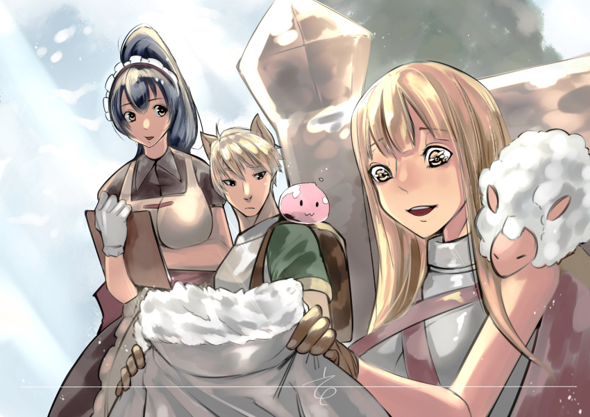 1boy 2girls :3 absurdres animal_ears animal_on_shoulder apron armor backpack bag bangs black_hair blonde_hair blossom_(ragnarok_online) breastplate breasts brown_dress brown_gloves cat_ears chinese_commentary clipboard closed_mouth commentary_request dress gloves green_shirt highres holding holding_clipboard holding_clothes kafra_uniform large_breasts long_hair looking_at_another lunatic_(ragnarok_online) maid maid_headdress multiple_girls novice_(ragnarok_online) open_mouth ponytail poring pupuddddy rabbit ragnarok_online shirt short_hair upper_body waist_apron white_apron white_gloves yellow_eyes