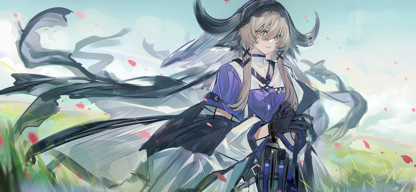 1girl absurdres arknights black_gloves brown_hair cow_horns echj gloves grass green_eyes hair_between_eyes hair_tubes highres horns jacket looking_at_viewer off_shoulder pallas_(arknights) petals purple_shirt shirt short_hair_with_long_locks solo white_jacket