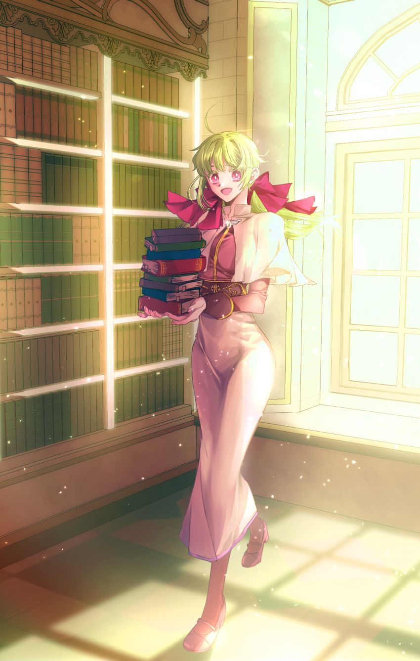 1girl :d acolyte_(ragnarok_online) ahoge bangs book book_stack bow brown_footwear brown_legwear brown_shirt capelet commentary day english_commentary full_body green_hair gyagyathegreat hair_bow highres holding holding_book indoors library long_hair looking_at_viewer open_mouth pantyhose pink_eyes ragnarok_online red_bow shirt shoes skirt smile solo walking white_capelet white_skirt window