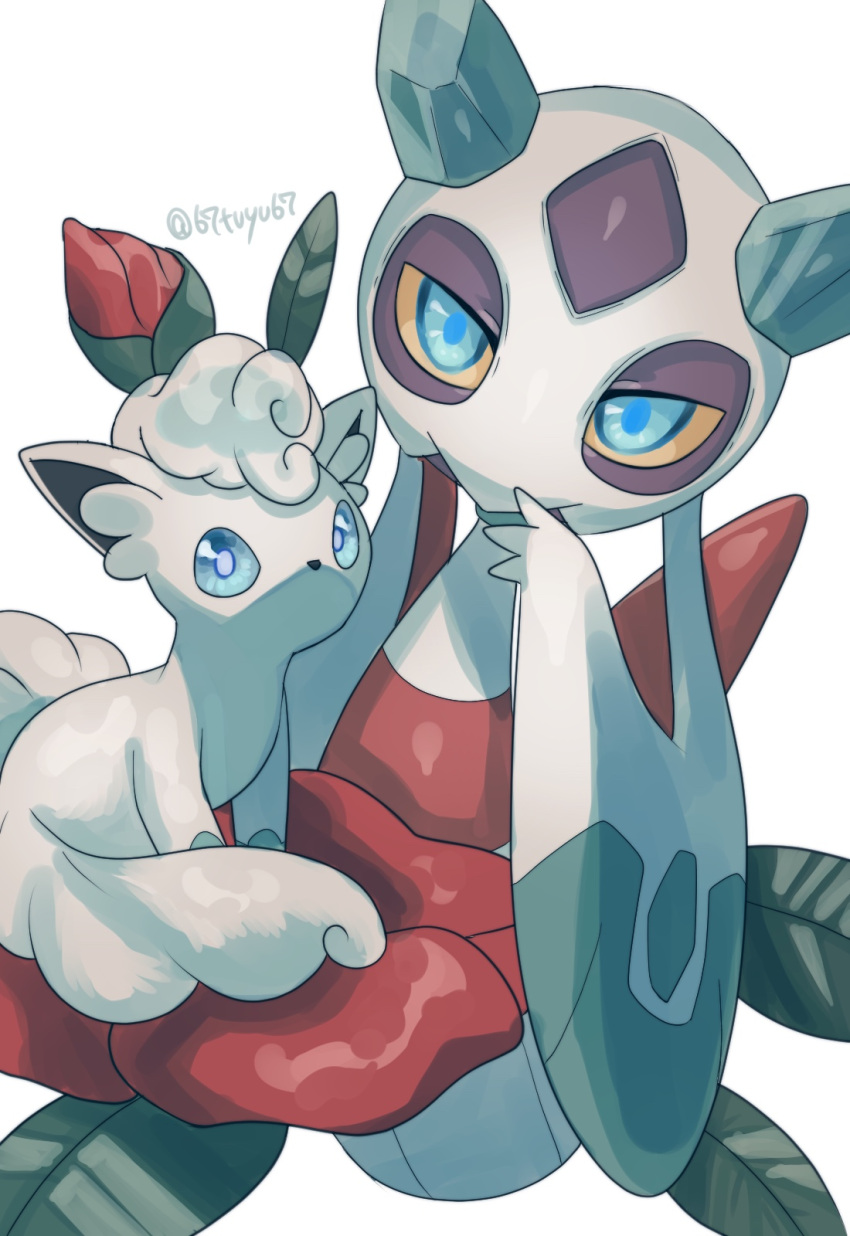 alolan_form alolan_vulpix blue_eyes closed_mouth colored_sclera commentary_request flower froslass gen_4_pokemon gen_7_pokemon hand_up highres looking_at_viewer no_humans pokemon pokemon_(creature) red_flower simple_background white_background yellow_sclera yukifuri_tsuyu