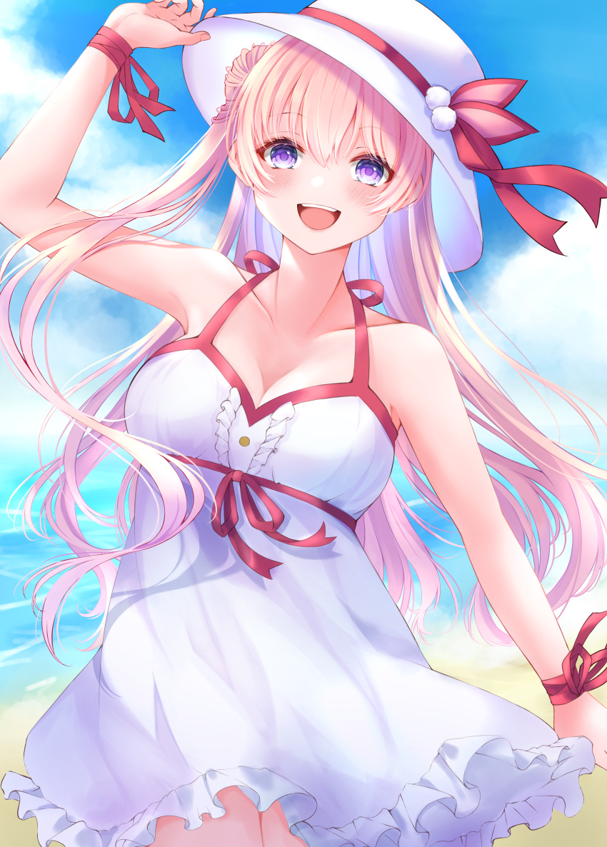 1girl :d absurdres arm_up beach blonde_hair blush breasts clouds cloudy_sky commentary_request cowboy_shot day dress eyebrows_visible_through_hair frilled_dress frills halterneck hand_on_headwear hat hat_ribbon highres huge_filesize large_breasts long_hair looking_at_viewer ocean open_mouth princess_connect! red_ribbon ribbon ryuna_(inc_moon) sidelocks sky smile solo tareme tsumugi_(princess_connect!) upper_teeth violet_eyes white_dress white_headwear wrist_ribbon