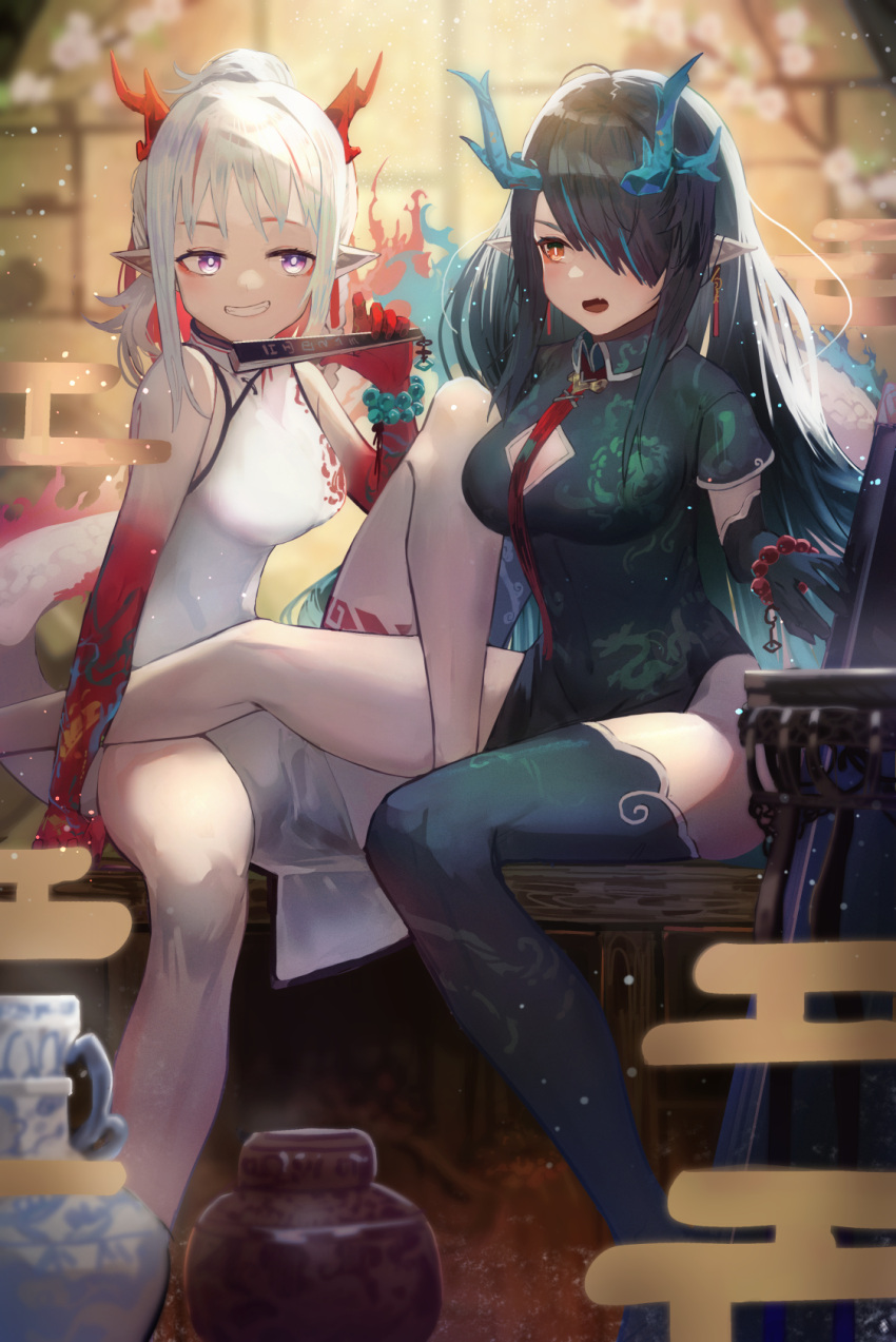 2girls architecture arknights bangs bannnouyakunta bare_legs bead_bracelet beads black_dress black_gloves black_hair black_legwear blue_hair blurry blurry_background blush bracelet braid branch breasts china_dress chinese_clothes cleavage_cutout clothing_cutout collared_dress colored_skin commentary covered_navel cowboy_shot dragon_horns dragon_tail dress dusk_(arknights) earrings east_asian_architecture egasumi elbow_gloves fang fire flower folding_fan gloves gradient_skin grin hair_between_eyes hair_over_one_eye hand_fan highres holding holding_fan horns jewelry knee_up long_hair looking_at_another looking_to_the_side medium_breasts multicolored multicolored_hair multicolored_skin multiple_girls nian_(arknights) open_mouth orange_eyes parted_bangs pelvic_curtain pointy_ears ponytail pot red_neckwear red_skin redhead short_sleeves siblings side_braid silver_hair sisters sitting skin_fang sleeveless sleeveless_dress smile streaked_hair tail tassel tassel_earrings teeth thigh-highs thighs two-tone_hair two-tone_skin vase violet_eyes white_dress wing_collar