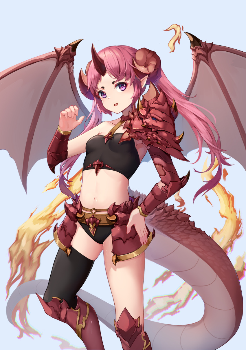 1girl absurdres armored_boots black_legwear black_panties boots breasts collarbone detached_sleeves dragon_girl dragon_tail dragon_wings faulds fire floating_hair grey_background hand_on_hip highres horns jj33jj55 knee_boots long_hair looking_at_viewer midriff navel open_mouth original panties pointy_ears red_footwear red_wings redhead simple_background single_thighhigh small_breasts solo standing stomach tail thigh-highs twintails underwear very_long_hair violet_eyes wings