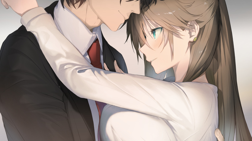 1boy 1girl akinashi_yuu aqua_eyes blush breast_press breasts brown_hair earrings eye_contact formal from_side game_cg hair_between_eyes hara_ryouko highres hug jewelry large_breasts long_hair looking_at_another necktie non-web_source parted_lips profile raised_eyebrows ryuusei_world_actor suit upturned_eyes