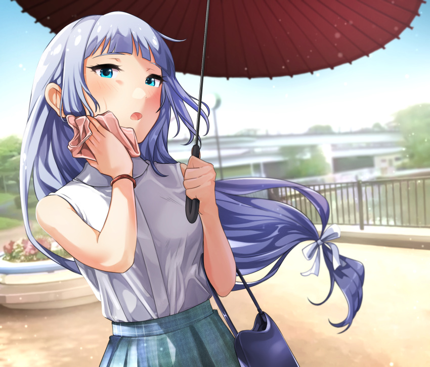 1girl :o aqua_skirt bag bangs blue_eyes blue_hair blue_sky blunt_bangs blush bracelet breasts building collared_shirt hanamasa_ono handbag highres holding holding_umbrella idolmaster idolmaster_million_live! jewelry light_blue_hair light_particles long_hair looking_at_viewer low-tied_long_hair open_mouth outdoors plant pleated_skirt ponytail railing shiraishi_tsumugi shirt shirt_tucked_in skirt sky sleeveless sleeveless_shirt small_breasts solo tree umbrella white_shirt