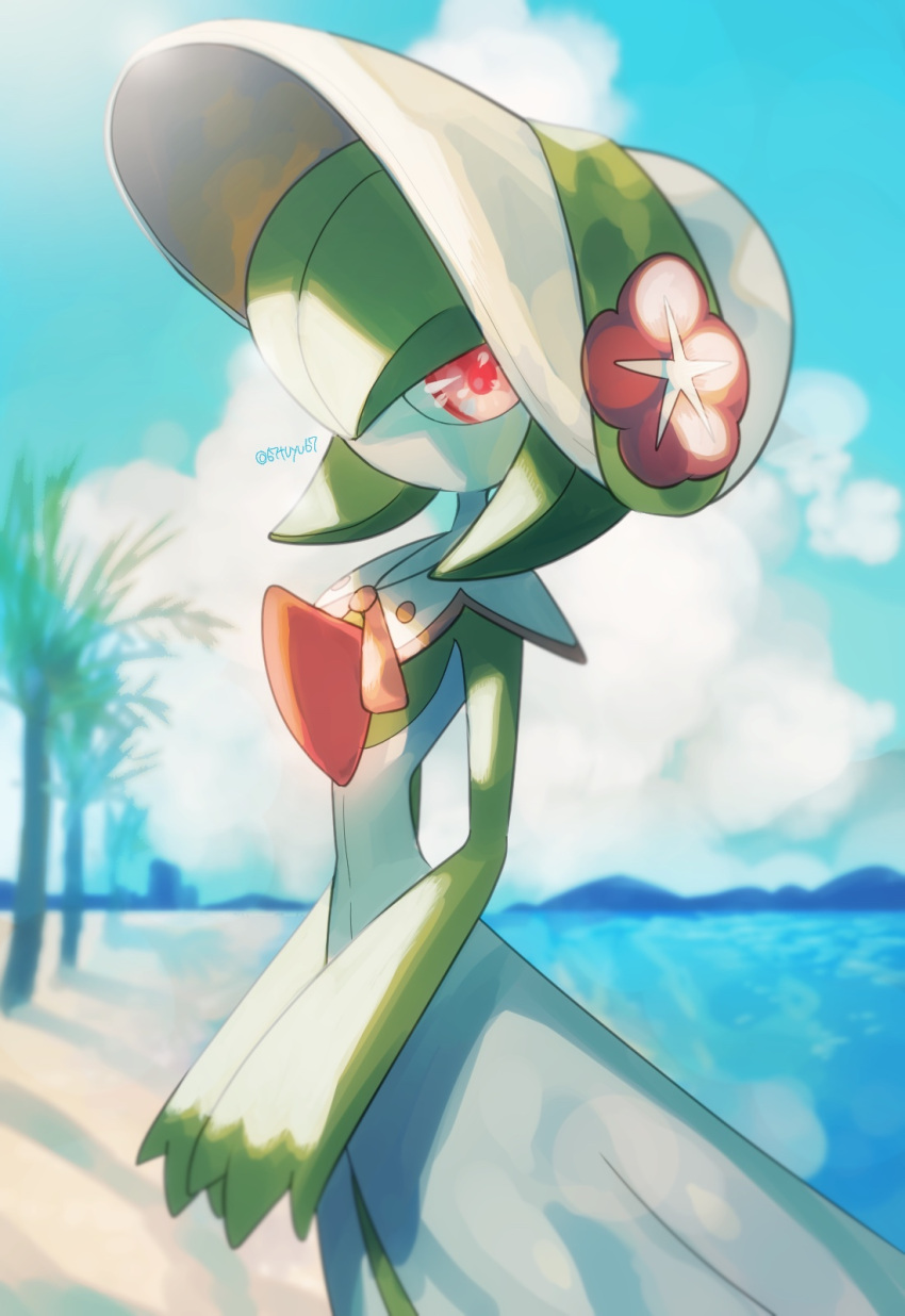 blurry bonnet capelet clouds commentary_request day flower gardevoir gen_3_pokemon hands_together highres looking_at_viewer outdoors pink_eyes pokemon pokemon_(creature) pokemon_unite sand shore sky solo water white_headwear yukifuri_tsuyu