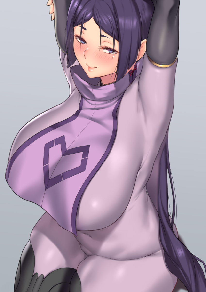 1girl arms_up aster_crowley bangs blush bodysuit breasts covered_navel curvy elbow_gloves fate/grand_order fate_(series) gloves grey_background highres huge_breasts long_hair minamoto_no_raikou_(fate) parted_bangs purple_bodysuit purple_hair smile thick_thighs thigh-highs thighs very_long_hair violet_eyes