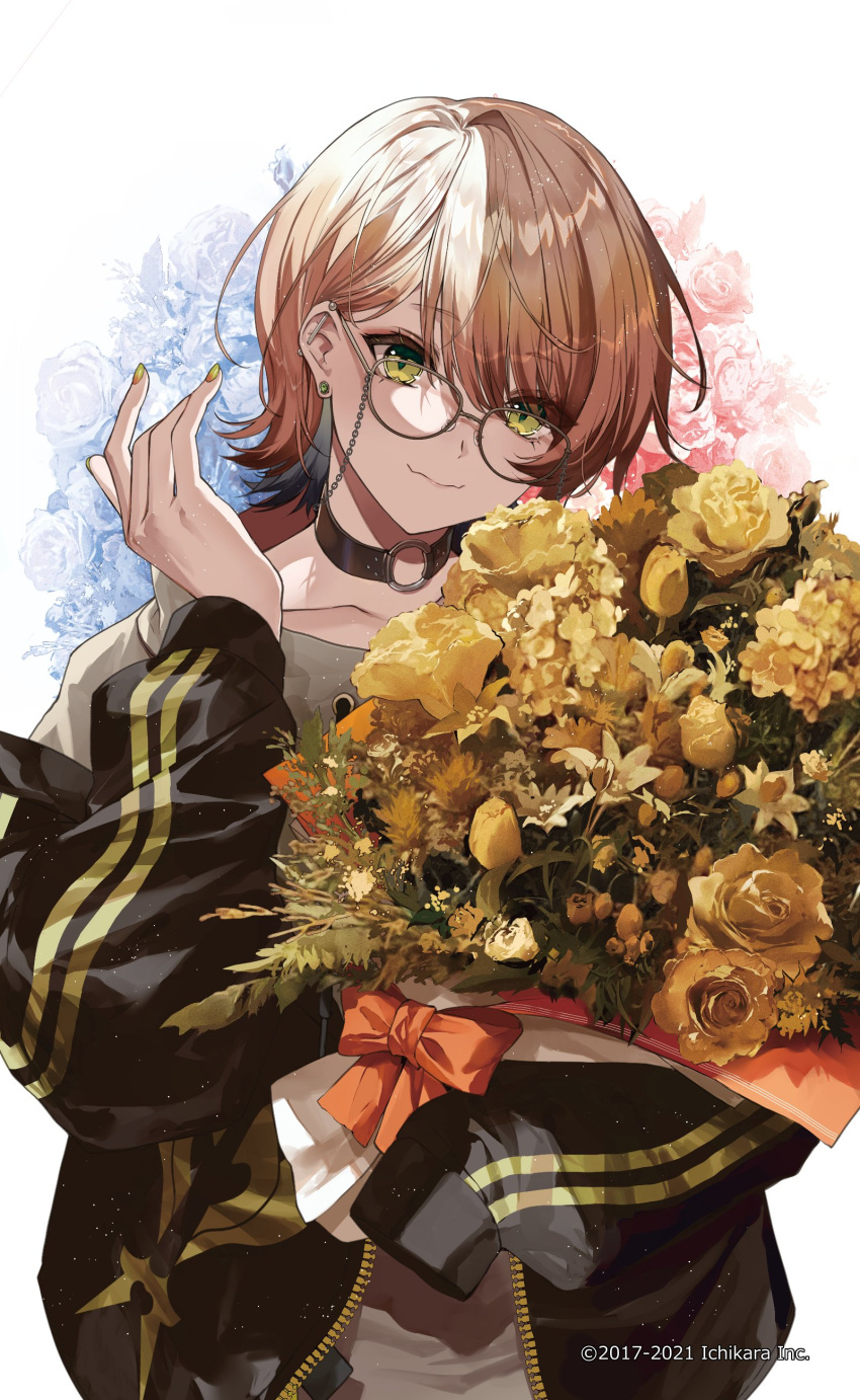 1other absurdres androgynous black_jacket blonde_hair bouquet bow eyebrows_visible_through_hair eyeshadow flower glasses hair_behind_ear highres holding holding_bouquet jacket kuga_huna looking_at_viewer makeup melissa_kinrenka nijisanji off_shoulder red_bow red_eyeshadow short_hair sleeves_past_fingers sleeves_past_wrists smile solo track_jacket virtual_youtuber yellow_flower