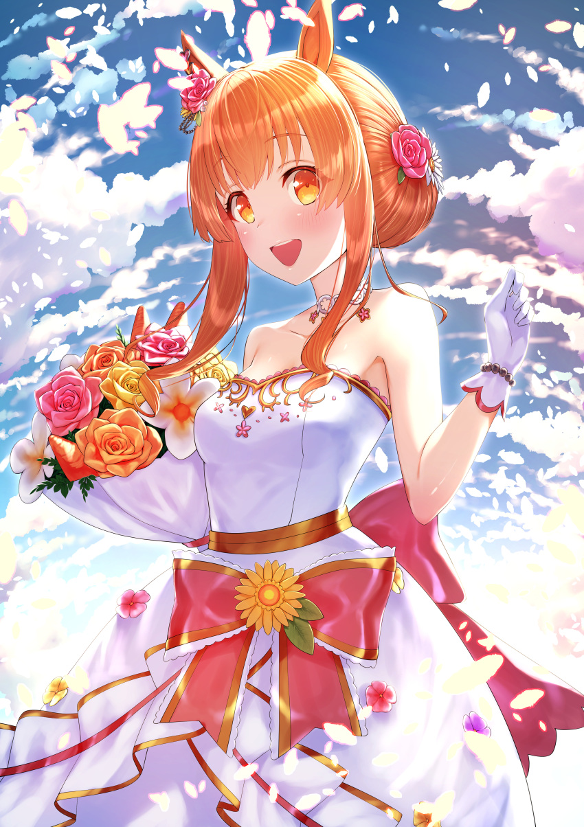 1girl absurdres animal_ears bare_shoulders bouquet bow_dress collarbone dress flower gloves hair_flower hair_ornament highres holding holding_bouquet horse_ears horse_girl huge_filesize kage_(ka_9e_4su) long_hair looking_at_viewer mayano_top_gun_(umamusume) orange_eyes orange_hair solo strapless strapless_dress umamusume wedding_dress white_dress white_gloves