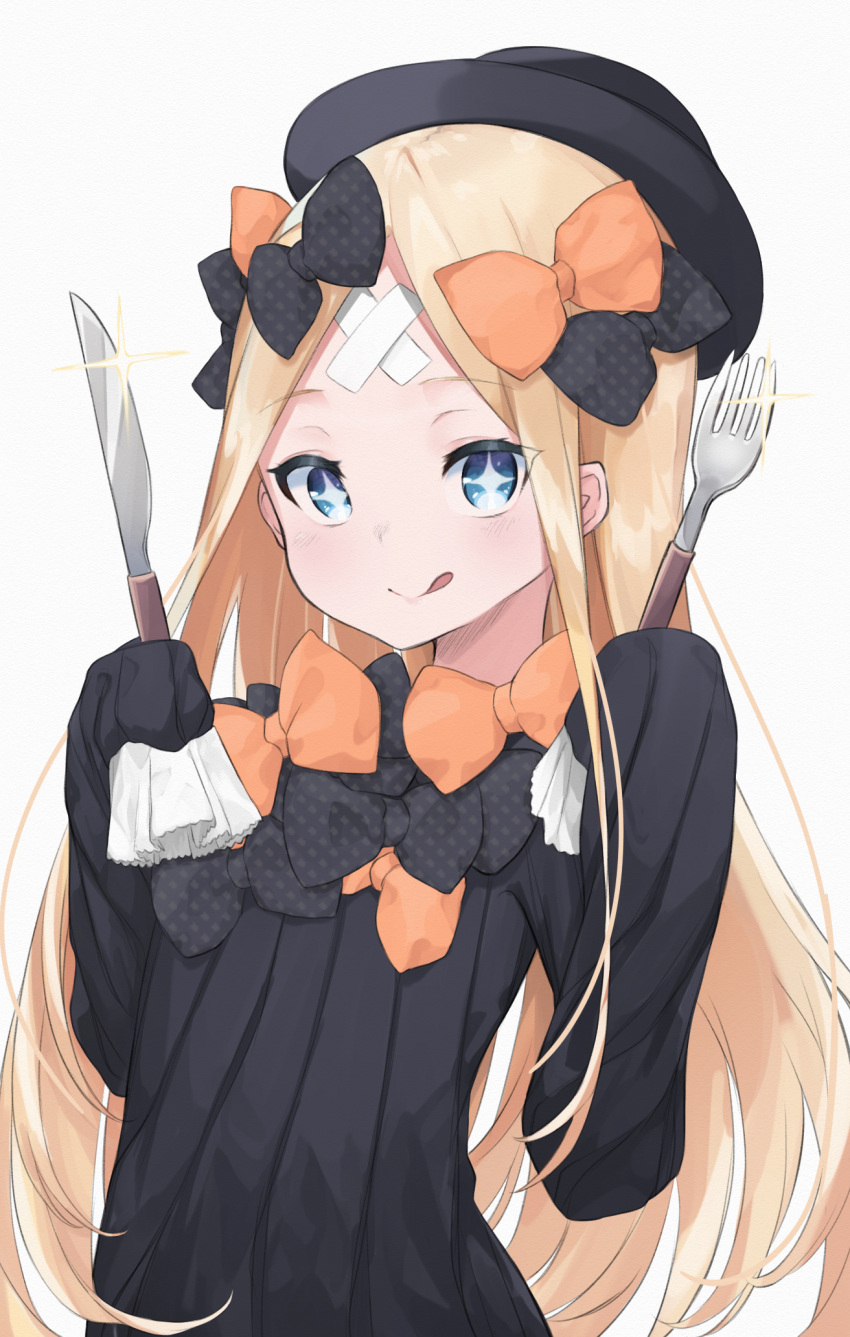 1girl abigail_williams_(fate) black_bow black_dress blonde_hair bow breasts dress fate/grand_order fate_(series) hair_bow highres lazu0721 long_hair long_sleeves looking_at_viewer multiple_bows multiple_hair_bows orange_bow sleeves_past_fingers sleeves_past_wrists solo very_long_hair