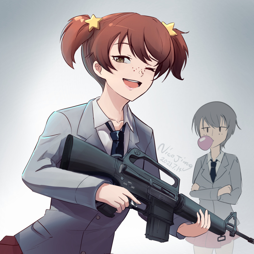 absurdres alisa_(girls_und_panzer) artist_name assault_rifle bangs black_neckwear blazer brown_eyes brown_hair chewing_gum commentary crossed_arms dated dress_shirt freckles girls_und_panzer grey_jacket gun hair_ornament highres holding holding_gun holding_weapon jacket long_sleeves looking_at_another looking_at_viewer m16a1 miniskirt mixed-language_commentary naomi_(girls_und_panzer) necktie nico_jiang one_eye_closed open_mouth pleated_skirt red_skirt rifle saunders_school_uniform school_uniform shirt short_hair short_twintails signature skirt smile standing star_(symbol) star_hair_ornament twintails very_short_hair weapon white_shirt wing_collar