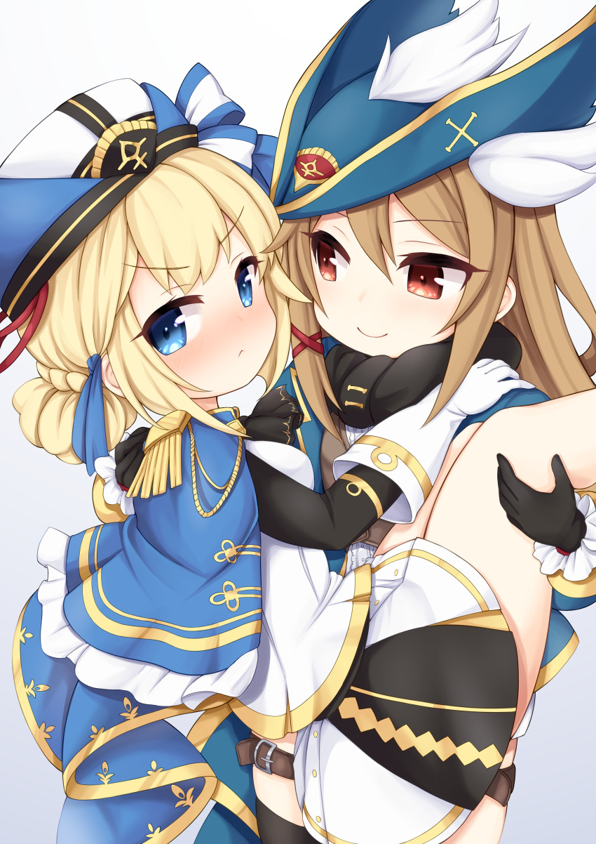 2girls absurdres azur_lane black_gloves black_scarf black_sleeves blonde_hair blue_cape blue_eyes blue_headwear blue_jacket blush cape carrying epaulettes gloves hair_ornament hardy_(azur_lane) highres hunter_(azur_lane) jacket kinomiki_(tales22) leg_strap light_brown_hair looking_at_another looking_at_viewer multiple_girls princess_carry red_eyes scarf shirt skirt smile thighs trench_coat white_gloves white_shirt winged_hat