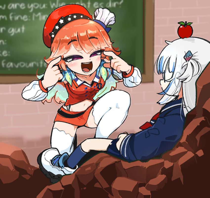 2girls apple blue_shirt chalkboard food fruit gawr_gura highres hololive hololive_english looking_at_another multiple_girls open_mouth orange_hair red_skirt red_vest shirt skirt smug squinting takanashi_kiara thigh-highs think_mark_think!_(meme) tkddud632 vest white_footwear white_hair white_legwear
