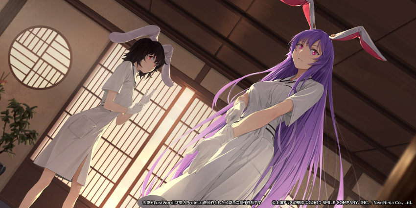 2girls animal_ears backlighting bangs breasts closed_mouth copyright_name dress dutch_angle eyebrows_visible_through_hair feet_out_of_frame gloves highres inaba_tewi indoors long_hair looking_at_viewer medium_breasts multiple_girls nurse official_art pink_eyes purple_hair rabbit_ears reisen_udongein_inaba serious short_sleeves somehira_katsu standing straight_hair touhou touhou_lost_word very_long_hair white_dress white_gloves