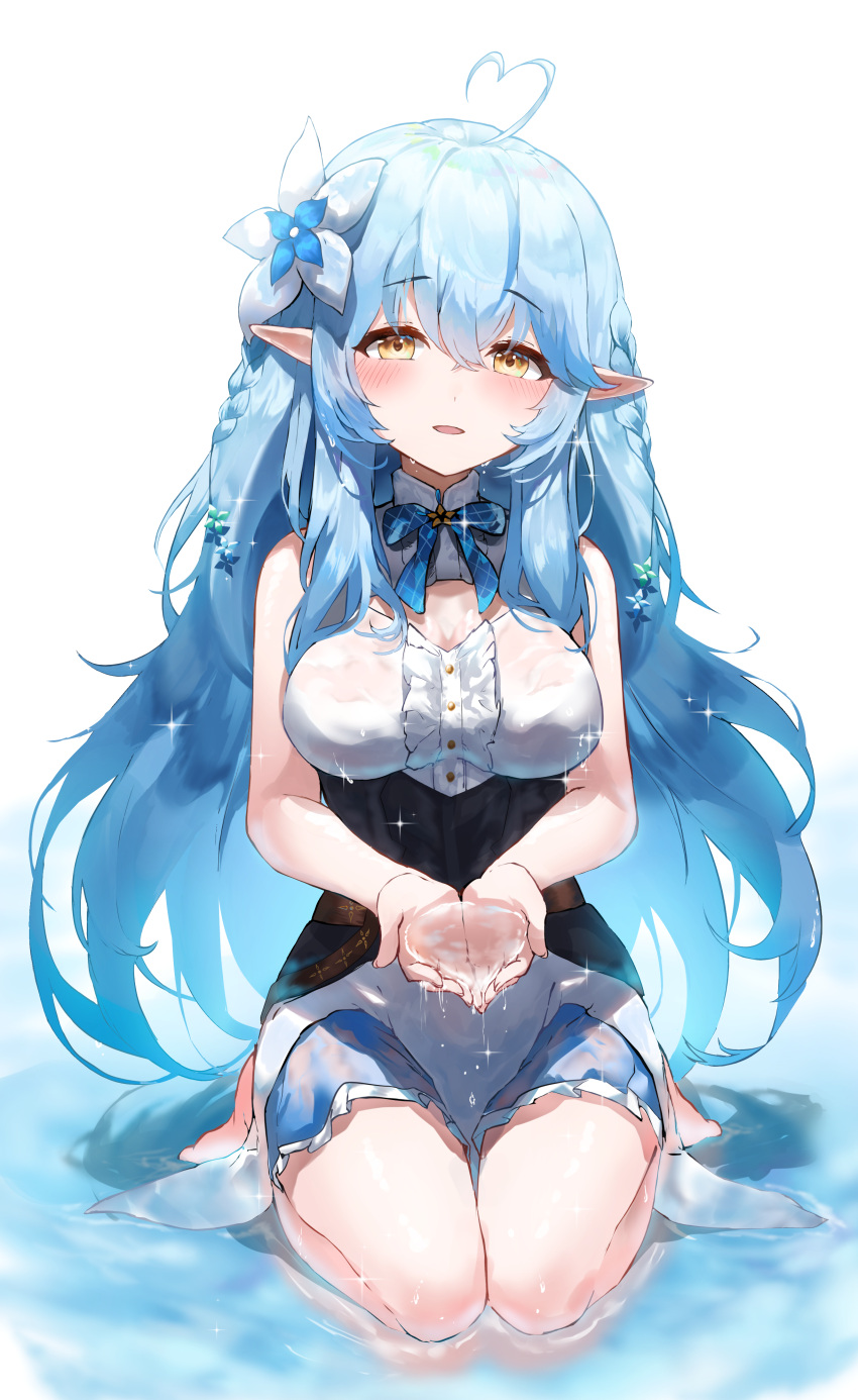 1girl absurdres ahoge blue_hair blush breasts eyebrows_visible_through_hair flower hair_flower hair_ornament highres hololive kabedoru large_breasts long_hair looking_at_viewer open_mouth pointy_ears simple_background sitting sleeveless solo very_long_hair virtual_youtuber wariza water wet wet_clothes white_background yellow_eyes yukihana_lamy