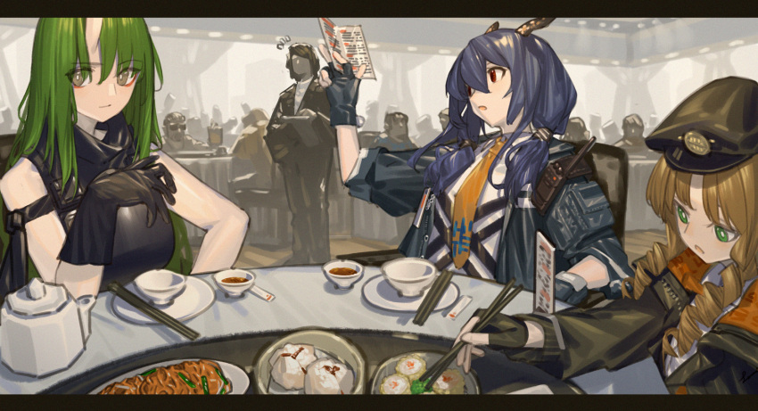 3girls arknights beret black_gloves black_headwear black_jacket blue_hair ch'en_(arknights) chinese_commentary chopsticks cup drill_hair fingerless_gloves food gloves green_eyes green_hair hat highres holding holding_chopsticks holding_menu horns hoshiguma_(arknights) indoors jacket lanzi_(415460661) letterboxed long_hair menu multiple_girls necktie notice_lines oni_horns open_clothes open_jacket open_mouth orange_hair orange_neckwear plate red_eyes restaurant shirt single_horn swire_(arknights) twin_drills twintails white_shirt yellow_eyes