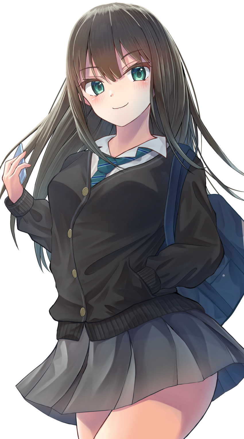 1girl aqua_neckwear b449 bangs black_cardigan blush brown_hair cardigan cellphone closed_mouth cowboy_shot eyebrows_visible_through_hair floating_hair green_eyes grey_skirt hair_between_eyes hand_in_pocket highres holding holding_phone idolmaster idolmaster_cinderella_girls long_hair looking_at_viewer miniskirt necktie phone pleated_skirt school_uniform shibuya_rin shirt simple_background skirt smartphone smile solo standing straight_hair striped striped_neckwear very_long_hair white_background white_shirt