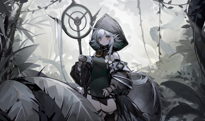 1girl ahoge arknights bangs bare_shoulders black_hair black_legwear black_shirt braid clothing_cutout commentary crocodilian_tail detached_sleeves flower forest gloves goggles goggles_around_neck grey_gloves heridy highres holding holding_staff hood hood_up large_tail long_sleeves looking_at_viewer multicolored_hair nature outdoors pale_skin pointy_ears shirt short_hair shoulder_cutout side_braid sidelocks solo staff standing streaked_hair swept_bangs tail thigh-highs tomimi_(arknights) torn_clothes torn_legwear tree white_flower white_hair yellow_eyes