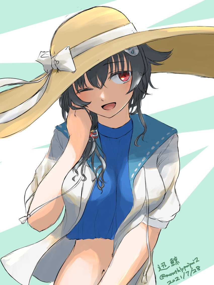 1girl bangs bikini black_hair blue_bikini breasts character_name dated eyebrows_visible_through_hair hair_between_eyes hair_flaps hair_ornament hair_ribbon hand_in_hair highres jacket jingei_(kancolle) kantai_collection large_breasts long_hair one-hour_drawing_challenge one_eye_closed red_eyes ribbon simple_background solo swimsuit twitter_username umibudou upper_body white_jacket