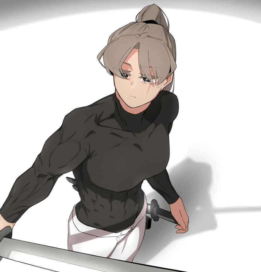 1girl abs black_eyes brown_hair frown highres katana muscular muscular_female oddsnail original ponytail scar shirt solo sword tight tight_shirt turtleneck weapon white_background