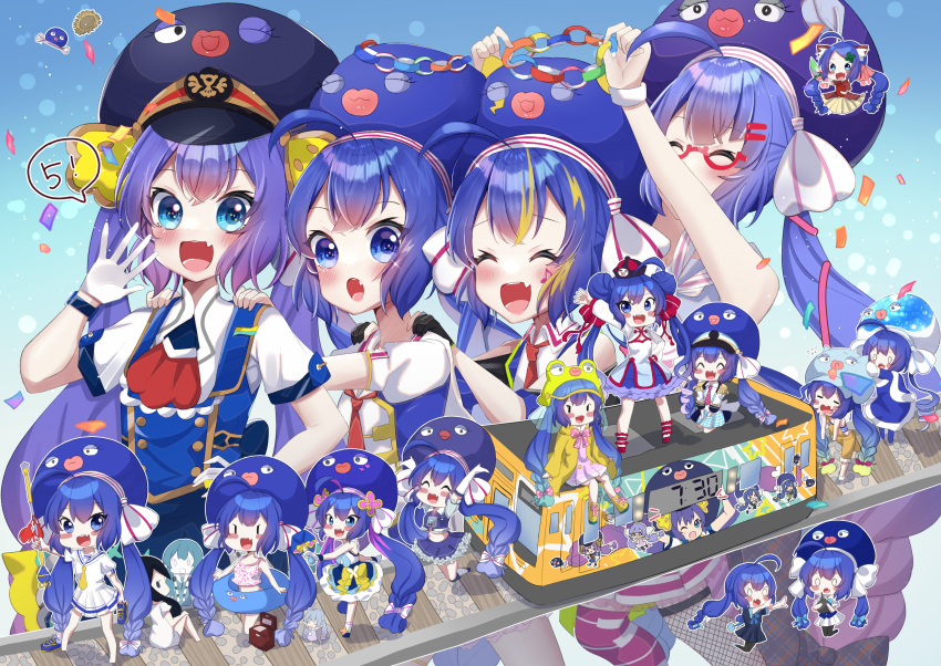 6+girls ^_^ absurdres ahoge animal_hood anniversary aqua_eyes asteroid_stella asymmetrical_legwear band_uniform baton_(instrument) black_gloves blue_eyes blue_hair blue_headwear blue_shirt blush_stickers braid character_print clock closed_eyes collar collared_shirt commentary confetti conga_line digital_clock double_bun eel_hat elbow_gloves fang fishnet_legwear fishnets flower frog_hood gloves gradient_hair ground_vehicle hair_flower hair_ornament hand_on_hip hands_on_another's_shoulders highres hood large_hat long_hair looking_at_viewer minigirl mismatched_legwear mittens multicolored_hair multiple_girls multiple_persona open_mouth otomachi_una outstretched_arms paper_chain piano_print purple_hair purple_headwear purple_legwear raincoat sailor_collar school_uniform shirt short_sleeves skin_fang sleeveless sleeveless_shirt smile solid_oval_eyes song_request speech_bubble spoken_number talkex train twin_braids uniform very_long_hair vocaloid voiceroid white_collar white_gloves white_mittens