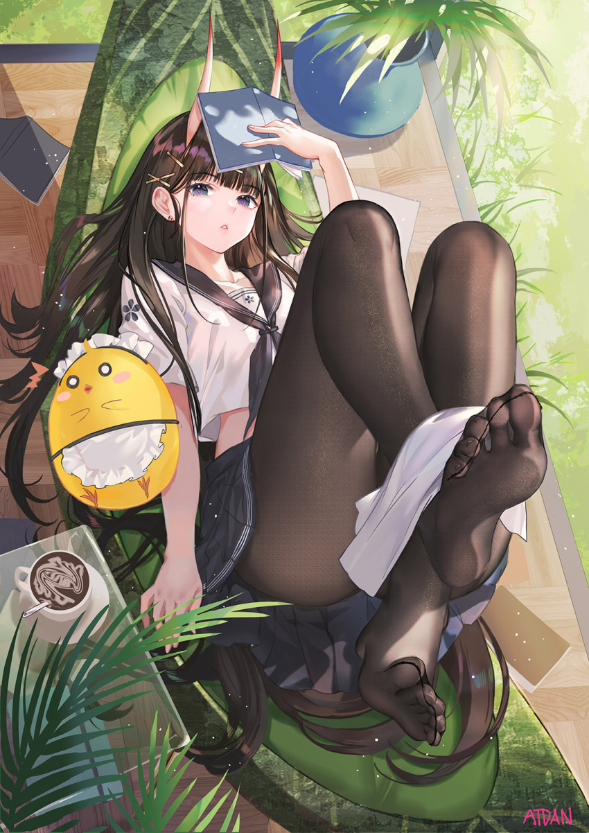 1girl ass atdan azur_lane bird black_hair black_legwear black_skirt book chick crop_top crop_top_overhang cup feet from_above hair_ornament hairclip hammock highres horns legs_up long_hair looking_at_viewer lying manjuu_(azur_lane) midriff miniskirt mug neckerchief no_shoes noshiro_(azur_lane) on_back oni_horns pantyhose parted_lips pleated_skirt sailor_collar school_uniform serafuku shirt skirt solo thighs toes towel very_long_hair violet_eyes white_shirt x_hair_ornament