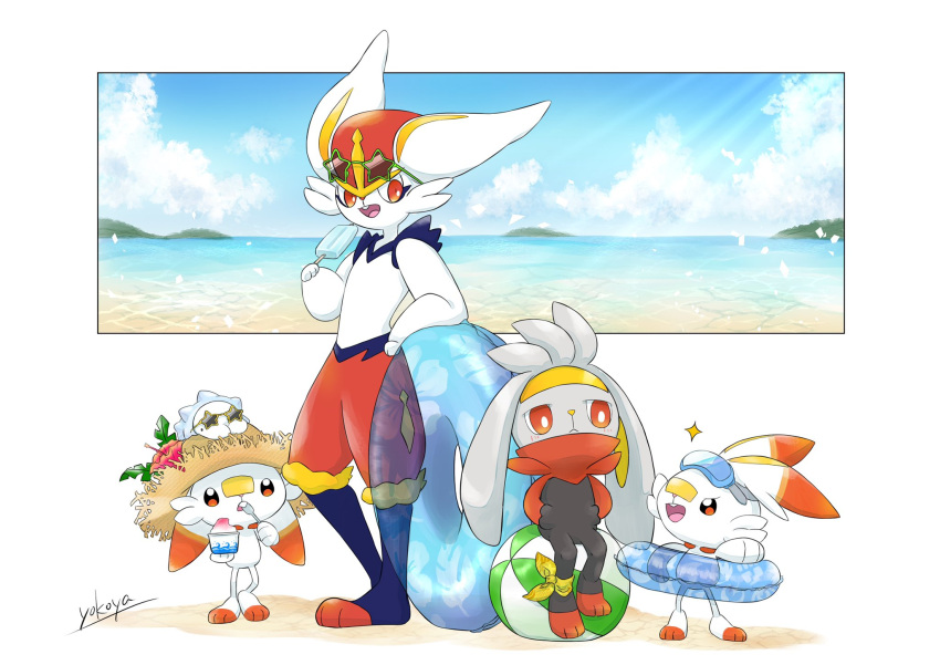 :&lt; :d ball beachball bright_pupils cinderace closed_mouth clouds commentary_request day eating evolutionary_line food furry gen_8_pokemon hand_up hat hatted_pokemon highres holding holding_stick innertube nao_me_mo on_head open_mouth orange_eyes pokemon pokemon_(creature) pokemon_on_head popsicle raboot sand scorbunny shaved_ice shore signature sky smile snom sparkle standing star-shaped_eyewear stick straw_hat sunglasses toes tongue upper_teeth water white_fur white_pupils