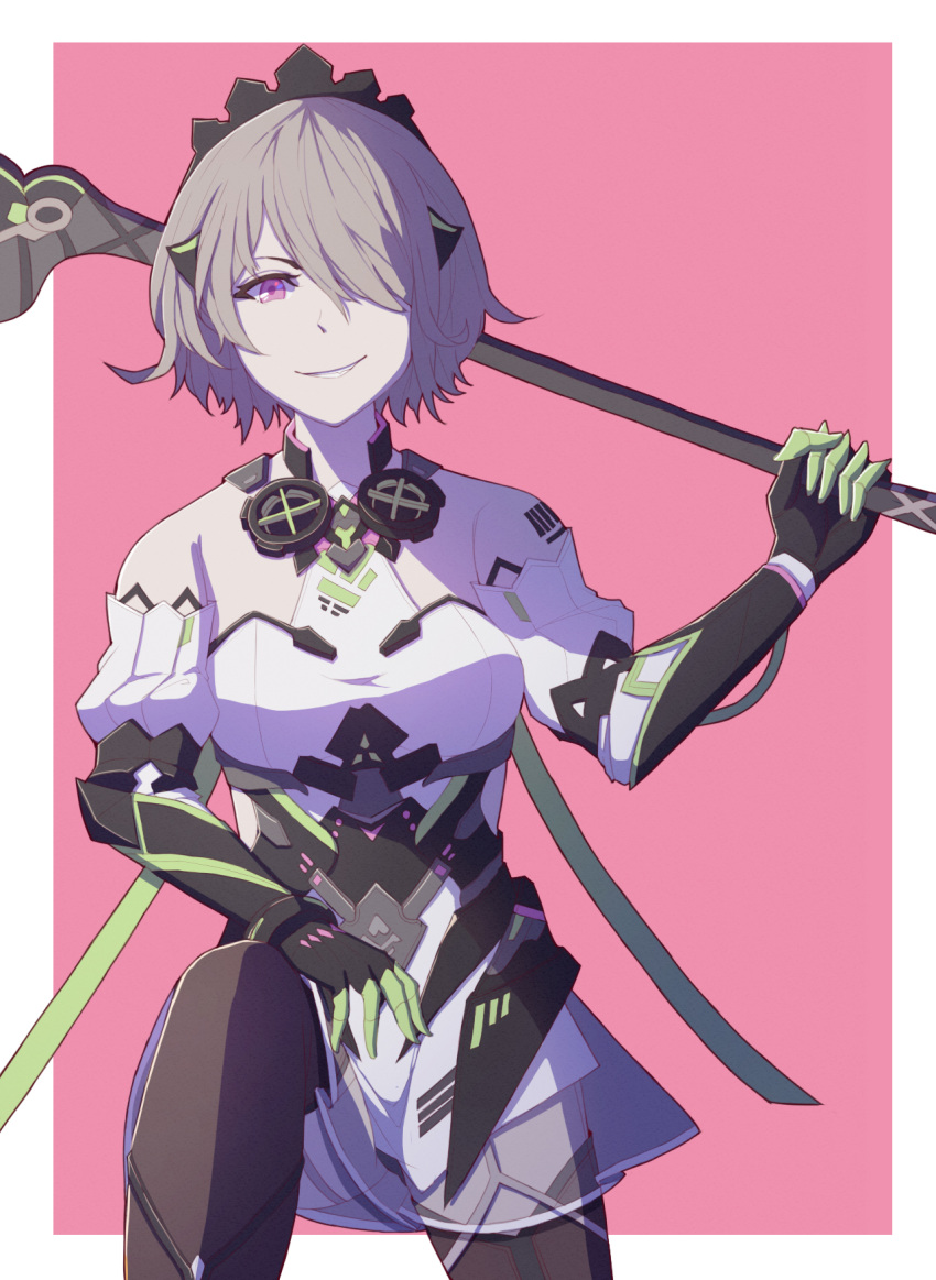 1girl bangs bare_shoulders black_gloves border brown_hair elbow_gloves evil_grin evil_smile gas_mask gloves grin hair_over_one_eye hand_on_own_knee highres holding holding_weapon honkai_(series) honkai_impact_3rd looking_at_viewer maid_headdress pink_background rita_rossweisse rita_rossweisse_(phantom_iron) scythe short_hair smile solo v-shaped_eyebrows violet_eyes weapon yang_zheng_yu