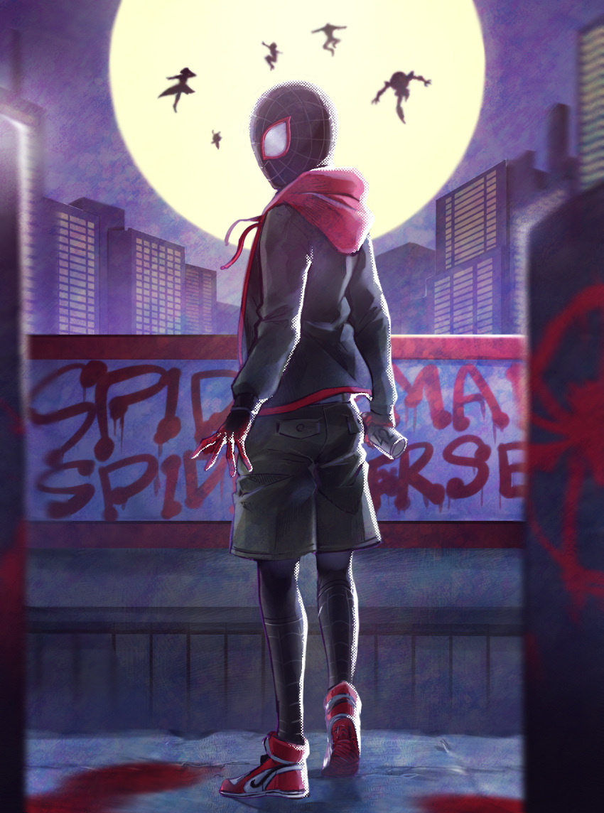 1girl 1other 4boys building full_moon highres hood hoodie mask miles_morales moon multiple_boys shoes shorts sneakers solo_focus somechime_(sometime1209) sp//dr spider-gwen spider-ham spider-man spider-man:_into_the_spider-verse spider-man_(miles_morales) spider-man_(series) spider-man_noir spray_can superhero